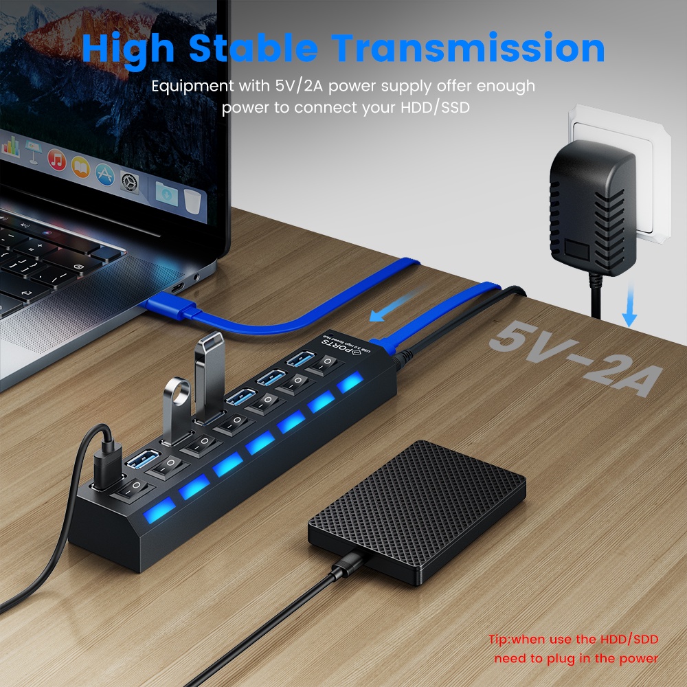 7-Port HUBs High Speed USB 3.0 Multi HUB Splitter Expansion Computer Charging Devices Data Transfer