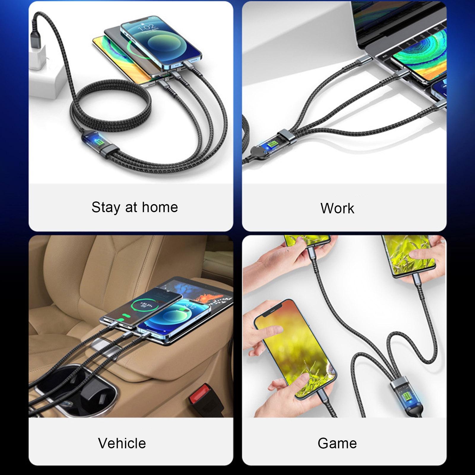 100w Fast Charging Cable High Power Usb Cable 3-in-1 Fast Charging Cable with Type-c and Micro Usb Connectors Multi Charger Cable for Universal Devices Nylon Braided