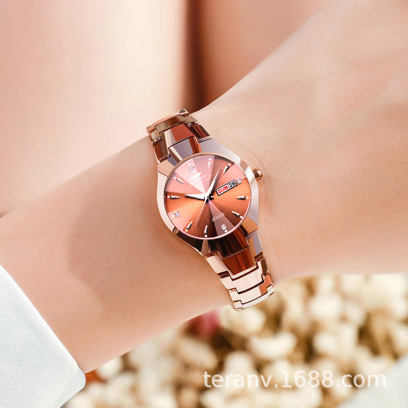 Minimalist Forest Style Women's钨钢 Non-Mechanical Watch - Korean Version, Simple and Water-Resistant with Dual Date Display, High Fashion.