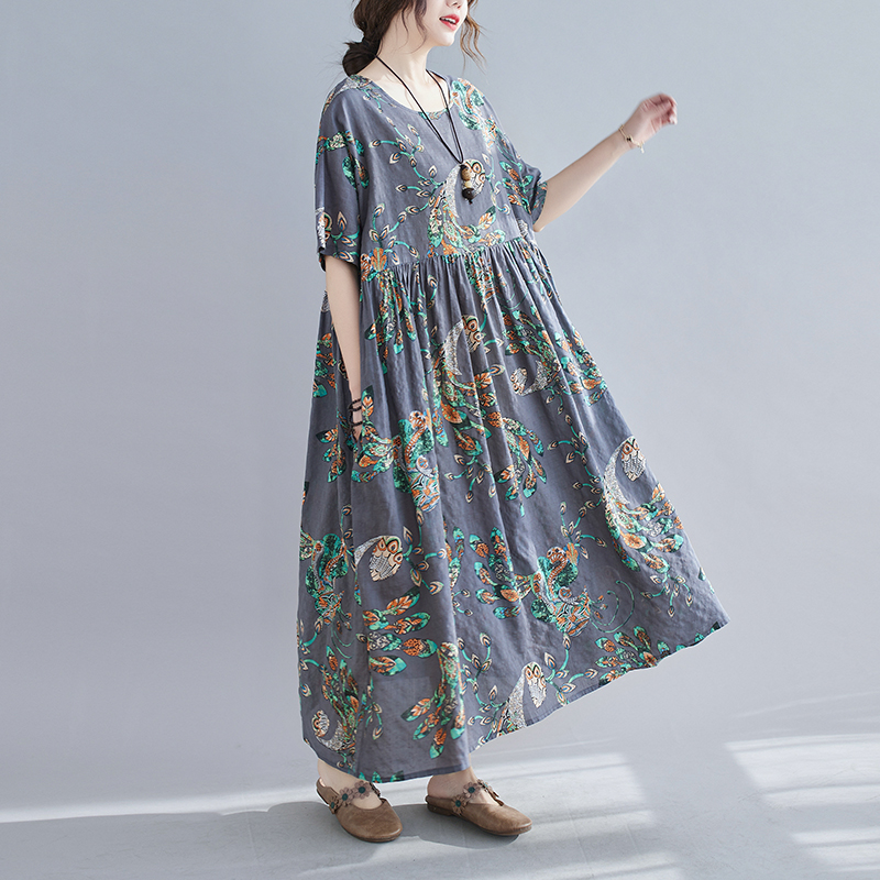 WhiteTimeSummer Wear The New Literary Big Code Printing Loose Fertilizer Increased Short-sleeved Dress Covered Belly Fat MM Thin Full-skirted Dress301T2718