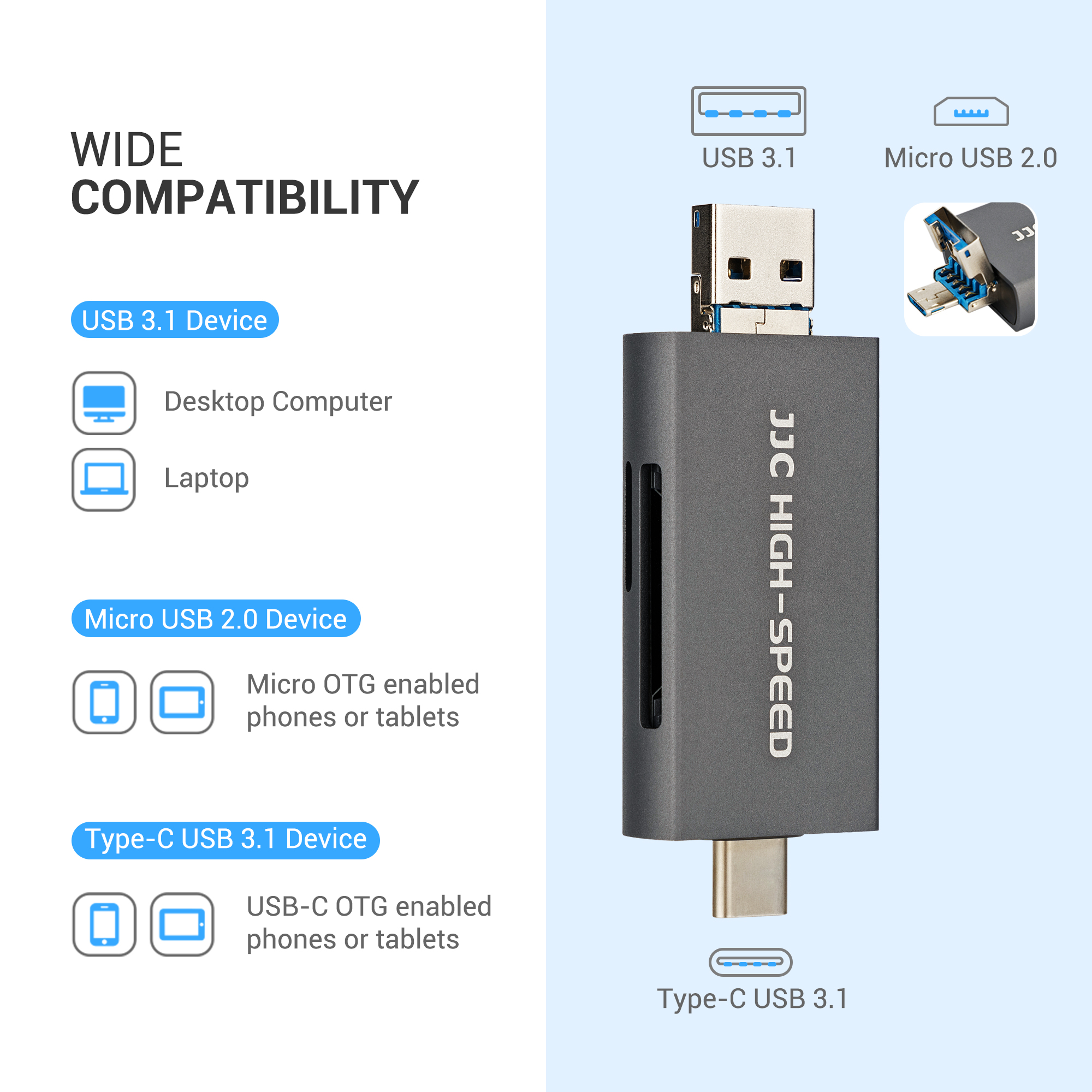 Jjc 3 in 1 uhs-ii sd micro sd card reader usb usb-c type-c 3.1 micro usb 2.0 connection port high transfer speed up to 312mb/s,compatible with computer laptop otg enable phone and tablet