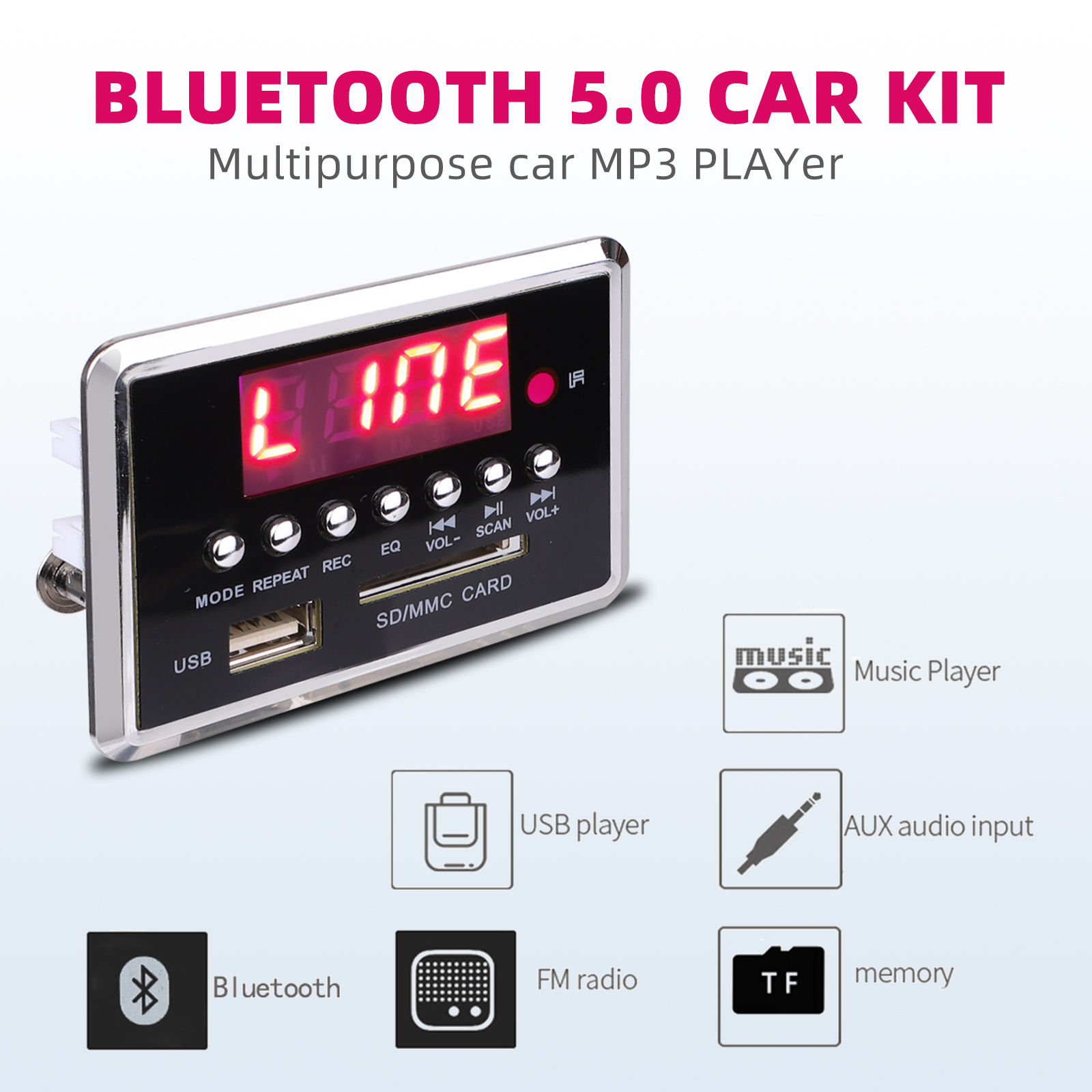 Bluetooth 5.0 MP3 Decoder Board DC 12V Wireless MP3 Audio Player Support USB SD LINE IN FM BLUETOOTH Recording LED Lossless