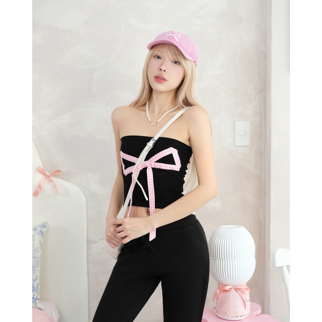 Áo ống nữ thun cotton nhung phối nơ MONÁ - BOWTY TOP