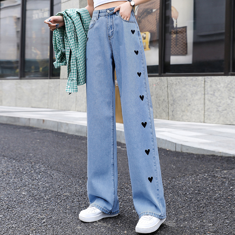 Boyfriend Jeans Love Embroidered Straight Cut Jeans Womens High