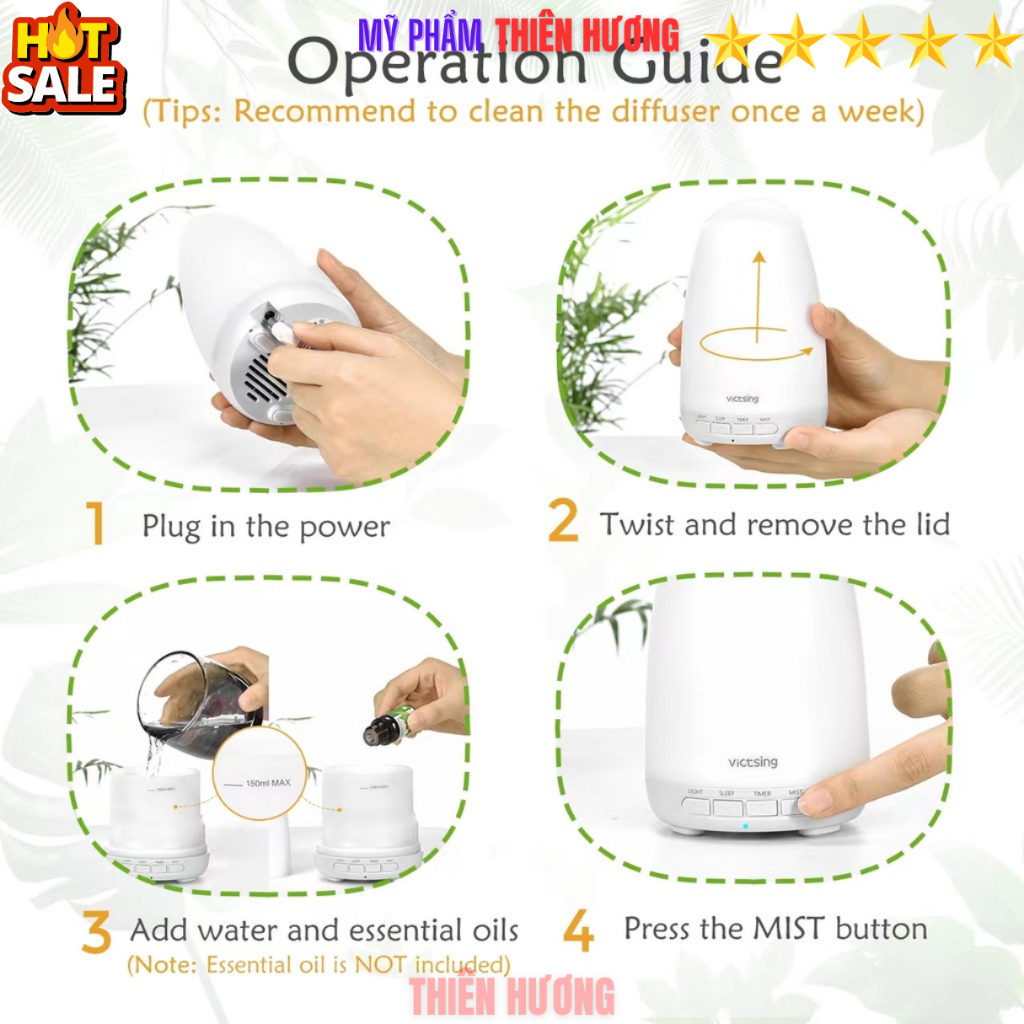 Combo Máy xông tinh dầu Vdecor + 1 Lọ tinh dầu LEAF 10ml