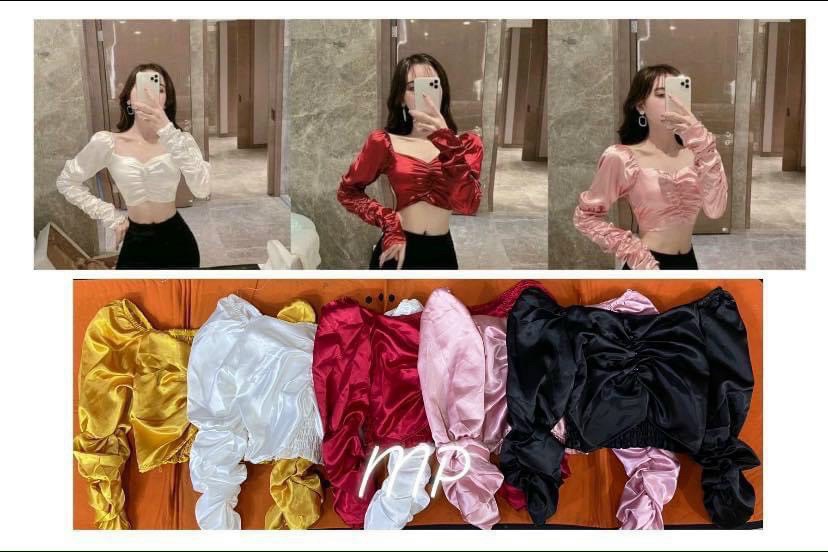 Áo kiểu phi lụa cổ U phôi nhún nút ngực tay áo nhún nhún cực xinh , chất phi lụa mềm mịn