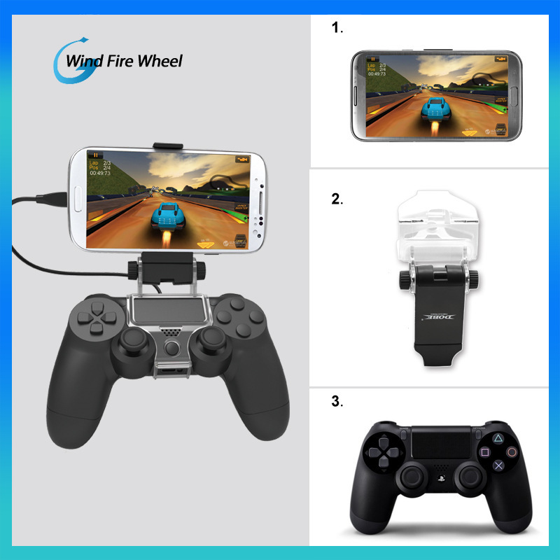 PS4 Slim Smart Handle Clip Cell Mobile Phone Clamp Holder with OTG Cable for 4 Controller Black