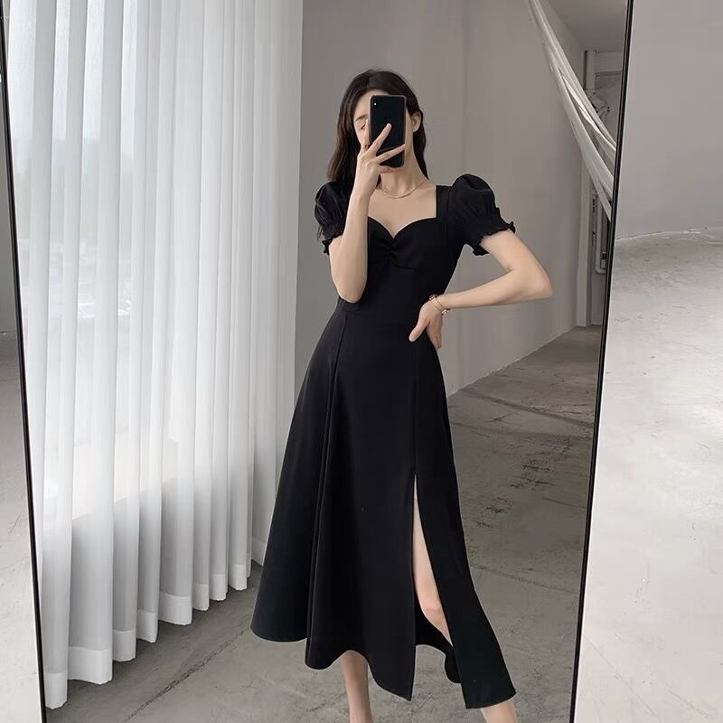 Summer Women Elegant Long Dress Black Formal Dress with Slit