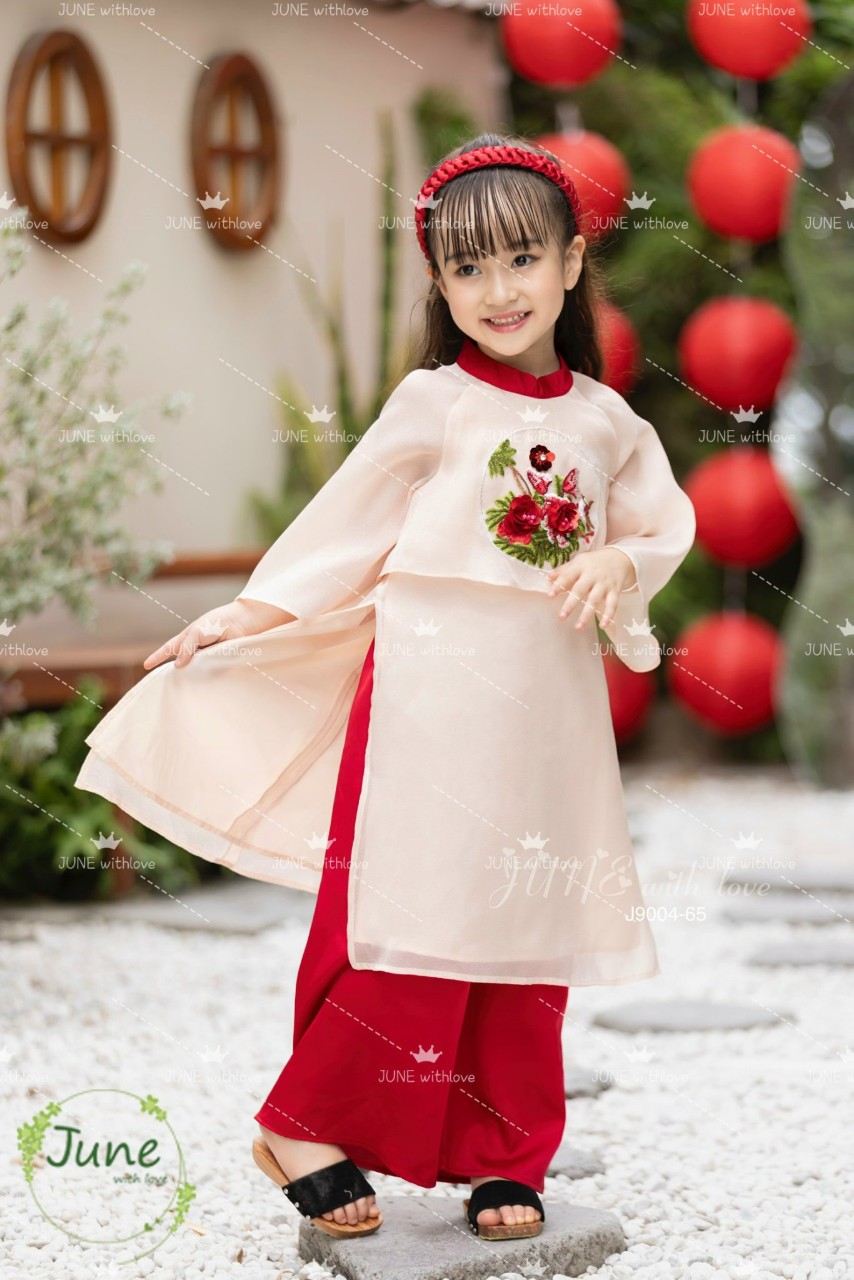 Set áo dài kết hoa hình thêu bé gái hàng june Kabekids