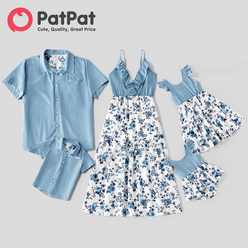 Patpat mùa hè mới 100% cotton gia đình phù hợp với váy hoa xòe và áo denim