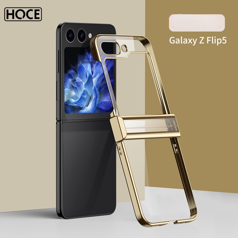Hoce zflip6 5 luxury plating hinge clear phone case for samsung galaxy z flip 6 3 4 5 5g z flip 4 flip5 cases pc shockproof protective cover