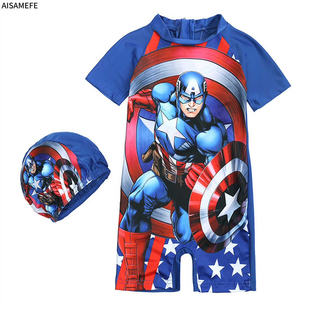 AISAMEFE Children One Piece Swimsuit Super-hero Style CaptainA Pattern 2022 New Kids Sunscreen Swimwear Swimsuit Cap Set