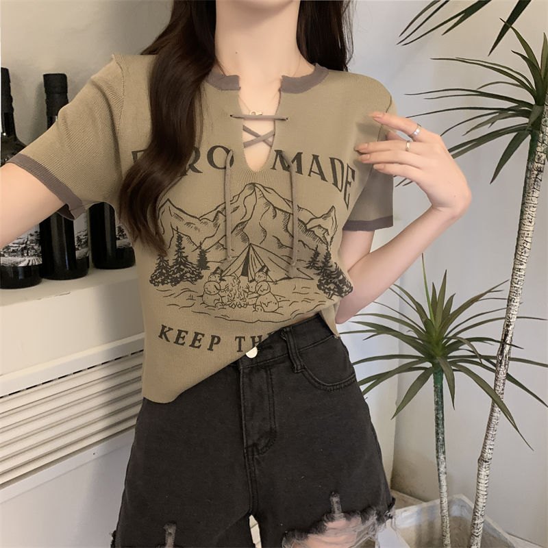 V-neck Short Sleeved T-shirt Women's Summer Top