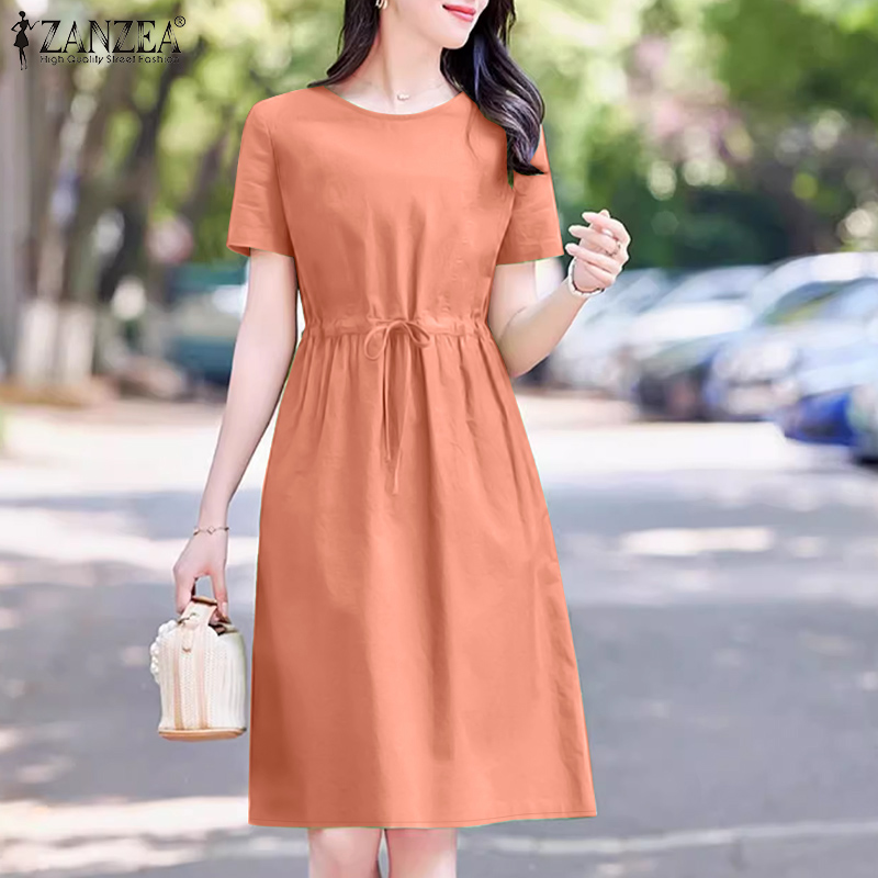 ZANZEA%20Korean%20Style%20Womens%20Casual%20O%20Neck%20Drawstring%20Lace%20Up%20Dress%20Elegant%20Short%20Sleeve%20Solid%20Knee%20Length%20Dresses%20-%20Image%204