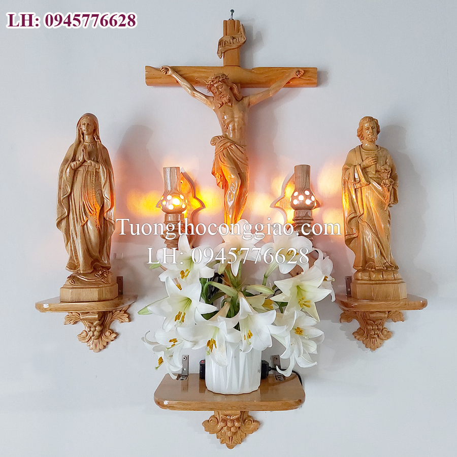 Bàn thờ Chúa bằng gỗ Kệ chùm nho nhỏ bộ tượng gỗ 40cm Thánh Giá 70cm