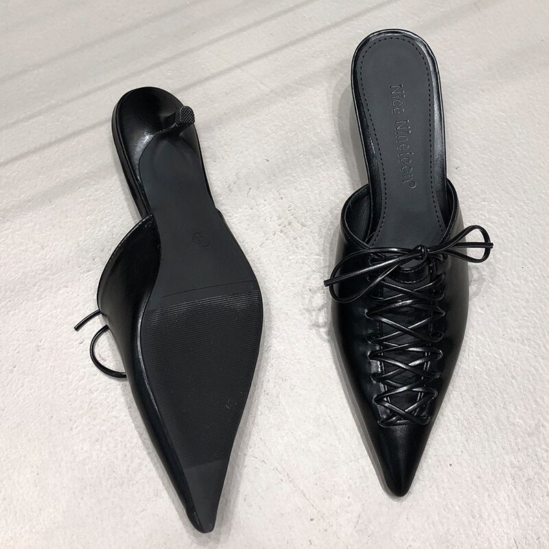 Pumps Heels Mules Elegant Woman Shoes 2023 Summer Fashion Lace Up Pointed Toe Ladies Med High Heels Shoes Female Sles