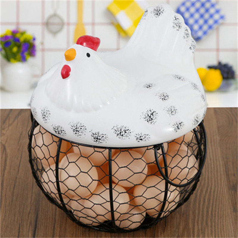 Ceramic egg basket Fruit basket Garlic potato sundries Blue ceramic kitchen decoration Creative hen storage iron woven basket