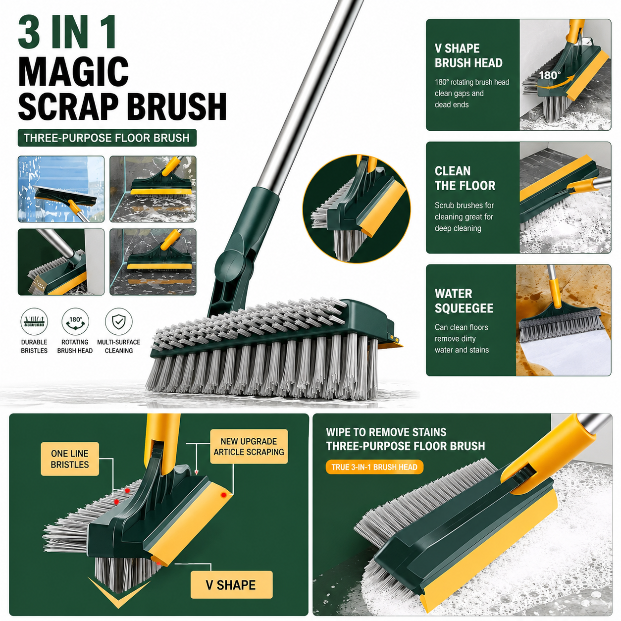 3-in-1 Multi-Purpose Cleaning Brush Long Handle Scrubber