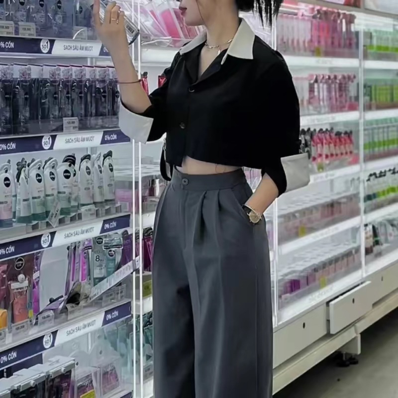 áo sơ mi croptop Եà lệnh tay dài phối cổ cá tính