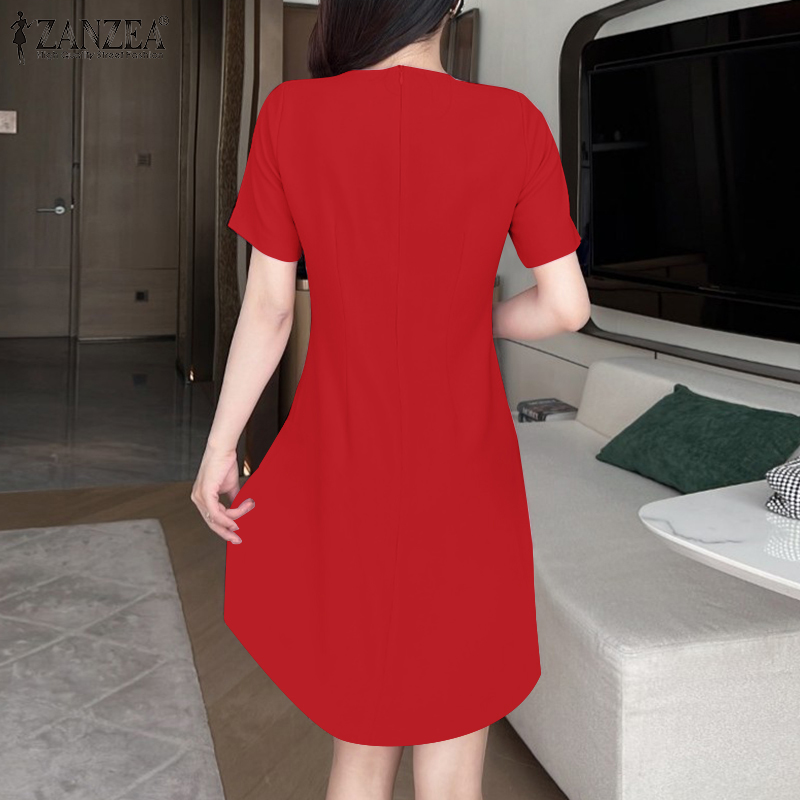 ZANZEA%20Korean%20Style%20Women's%20Dresses%20Commute%20Fashion%20Short%20Sleeve%20O%20Neck%20Patchwork%20Plain%20A-Line%20Dress%20-%20Image%204