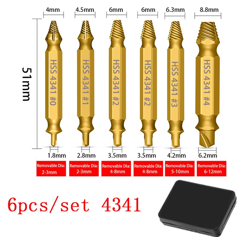Screw Extractor Damaged Sliding Tooth Broken Screws Removal Tool Titanium-Plated Hexagonal Drill Set Broken Bits Extractor 6Pcs