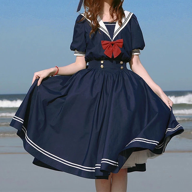利đầm nữ ngắn tay cổ thủy thủ phong cách lolita nhật bản đáng yêu