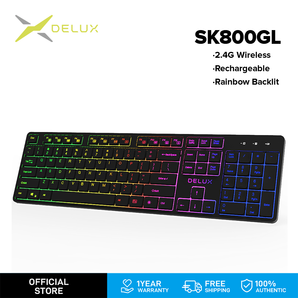 Delux SK800GL Có thể sạc lại 104 Keys im lặng Bàn phím máy tính có đèn led