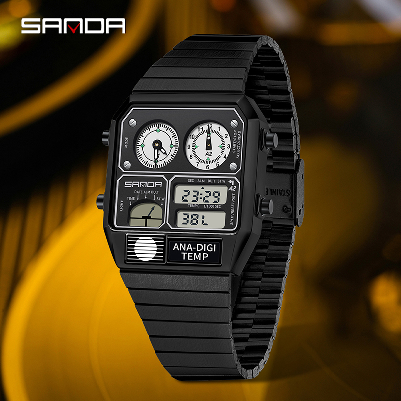 Sanda Retro Trendy Punk Dual Display Luminous Waterproof Electronic Quartz Men's Watch SD3192-3.