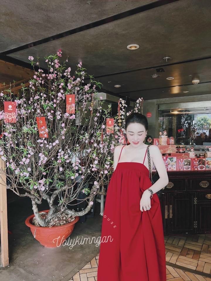 Váy maxi đi biển, đầm maxi đỏ chun sau chất lụa xin xò