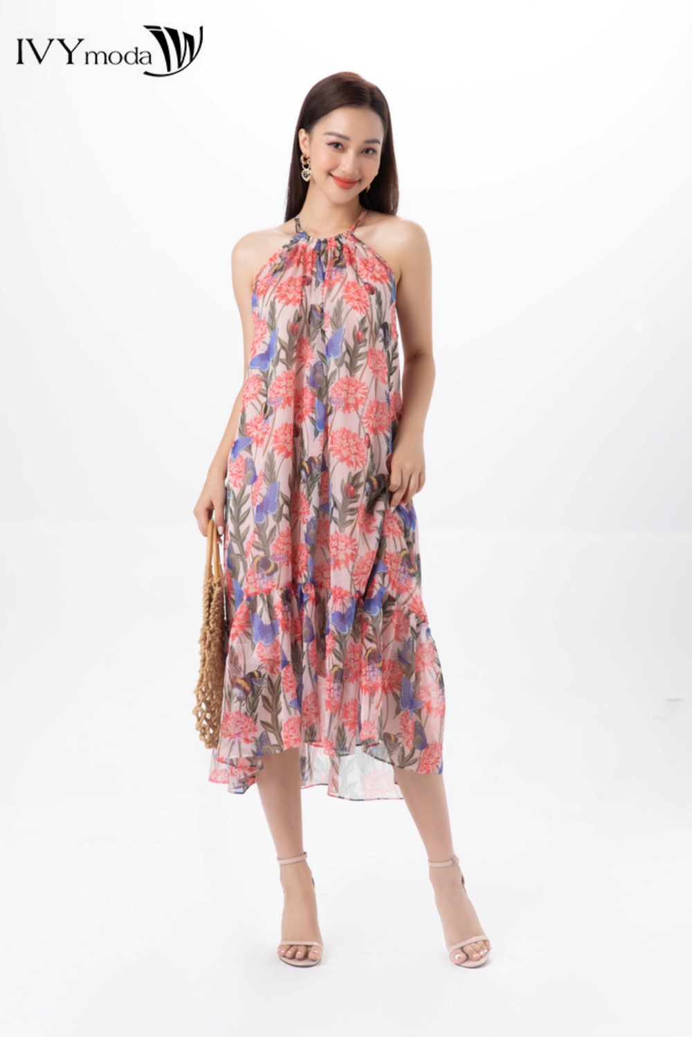 Đầm lụa cổ yếm phối dây sau IVY moda MS 41M7496