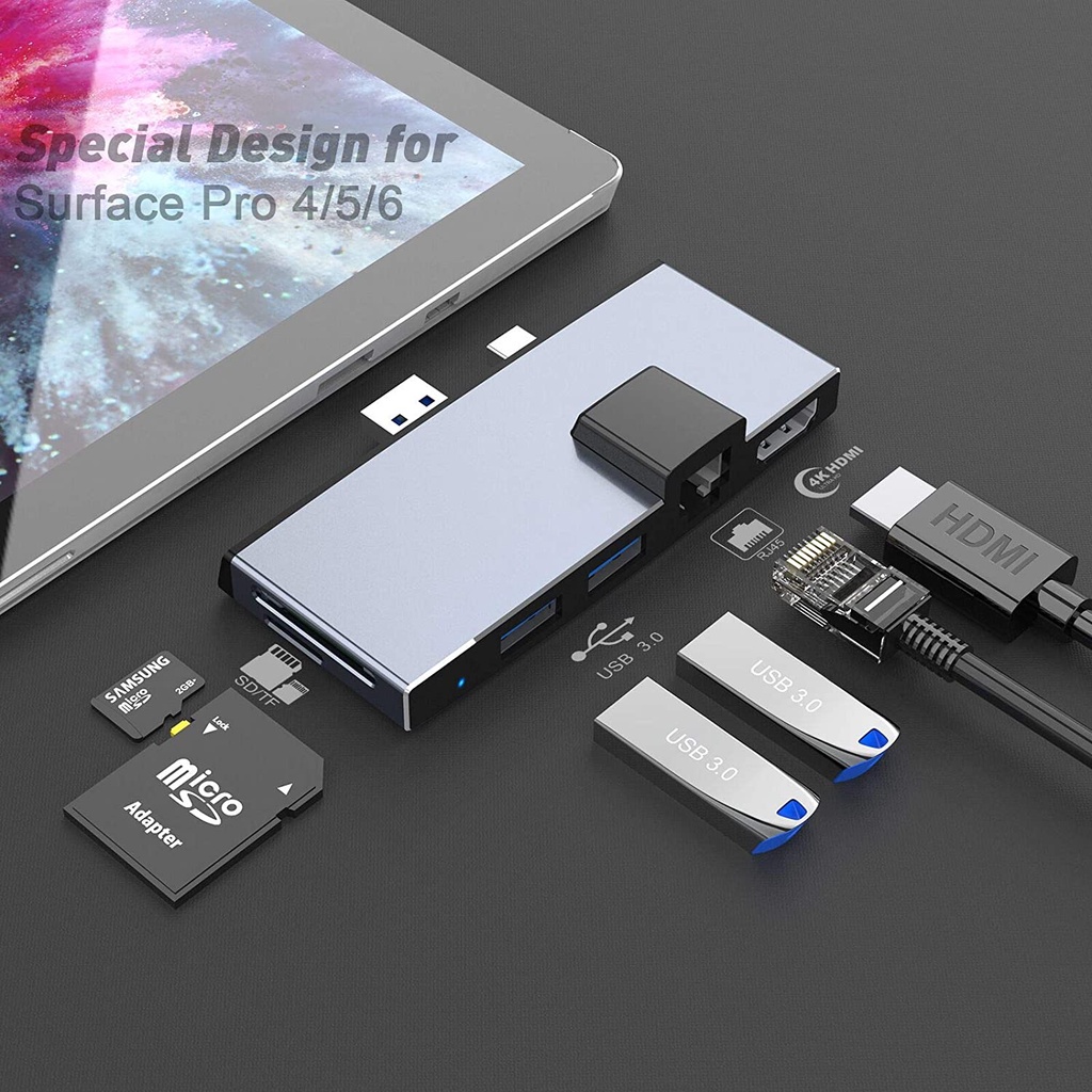 Surface pro dock for microsoft surface pro 6/pro 5/pro 4 hub docking station usb3.0 port hdmi sd/tf card reader adapter rj45 lan