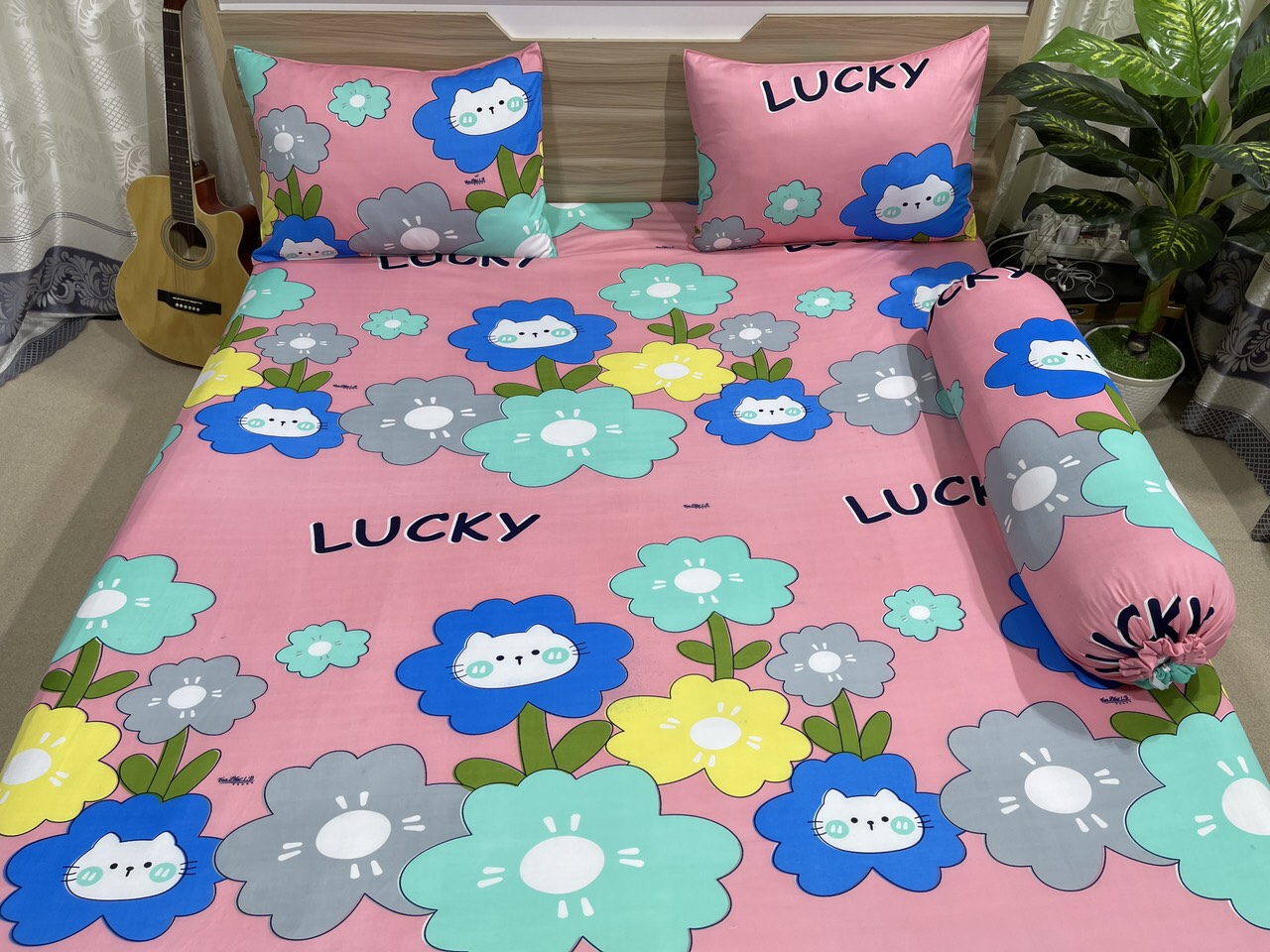 BỘ DRAP GA THUN (HOA LUCKY) 4 MÓN