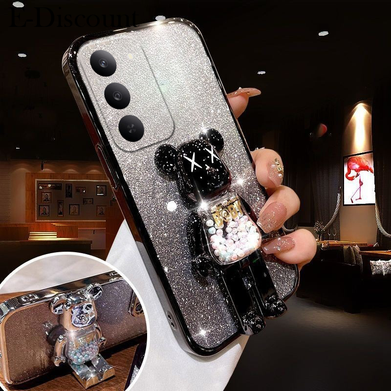 New Phone case Realme C71 C75 C75X Back cover with Cartoon 3D Bear Stand Luxury Slim Gradient Plating Glitter Girls Stylish For Realme C75 C75X C71 case.