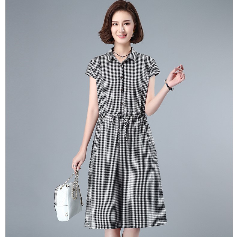 Váy nữ kẻ caro rút eo, chất vải thô đũi mềm mát, thời trang cho phái nữ DA73