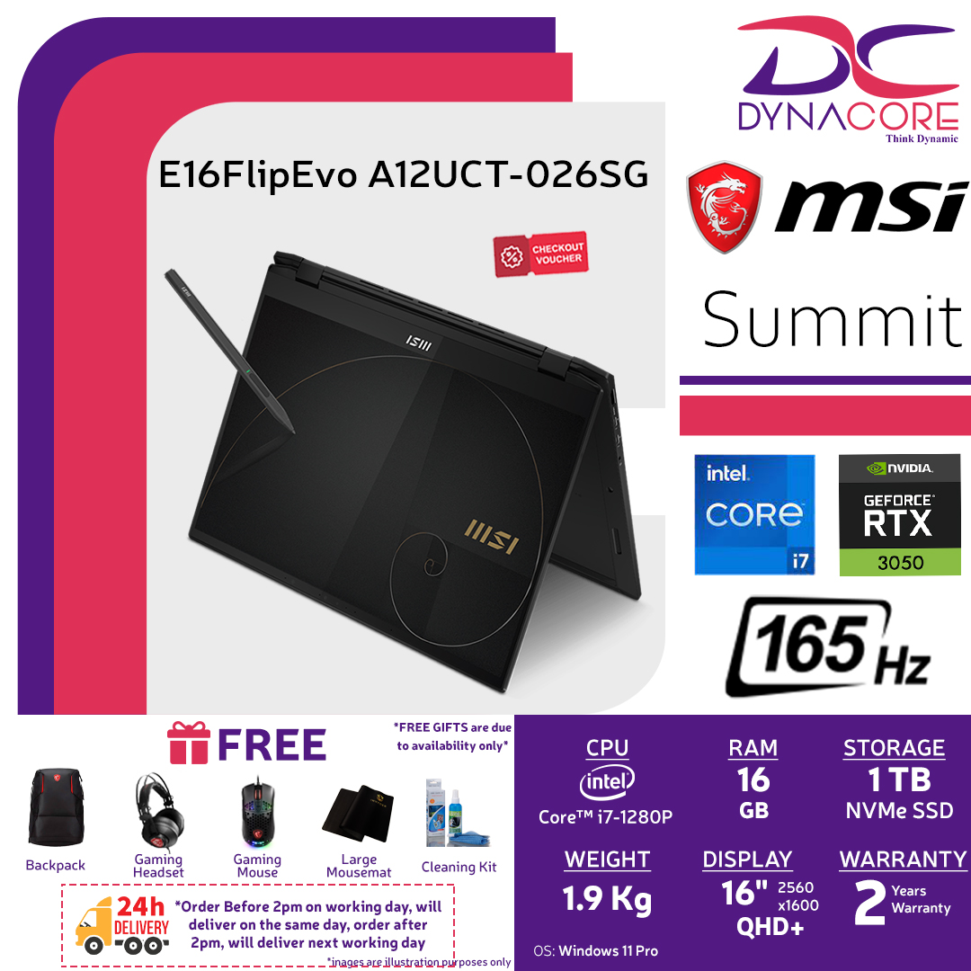 【DELIVERY IN 24 HOURS】 MSI Summit E16 Flip A12UCT-026SG 9S7-159231-026 (i7-1280P | 16GB | 1TB SSD | RTX3050-4GB | 16" QHD+ 165Hz | WIN 11 PRO) 2Years Warranty.015484