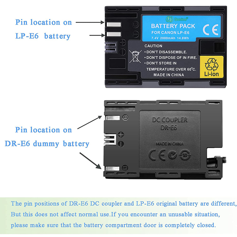 Gonine ACK-E6 AC Power Adapter DC Coupler Charger LP-E6 Dummy Battery Kit for Canon EOS 70D/7D 60D/6D 5D Mark II III Cameras.