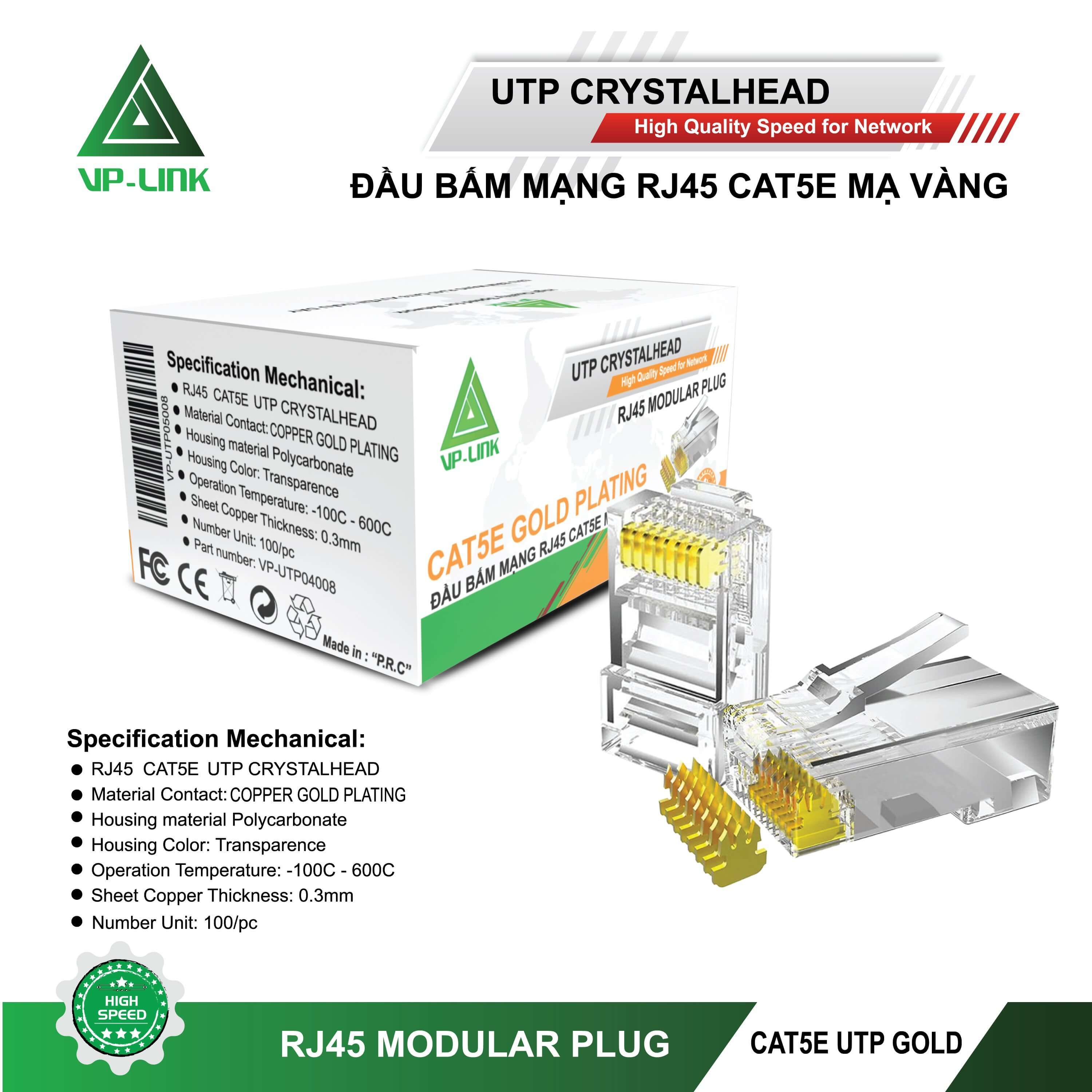 Đầu Mạng RJ45 VP-Link CAT5E Mạ vàng (100C)