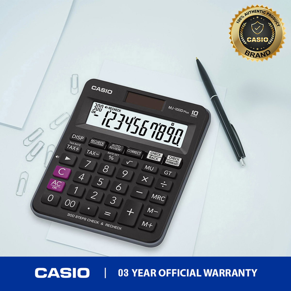 Casio MJ-100D PLUS-BK Solar and Battery Powered Desktop Calculator - Black