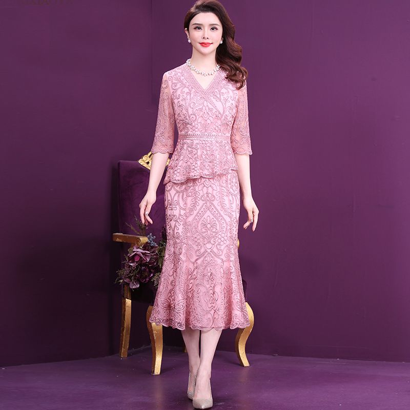 Wedding Mother Dress Fishtail Dress High Guixi Grandma's Wedding Banquet Set Reducing Age, Slimming, Covering Belly Dress, Lace Two Piece Set Dress