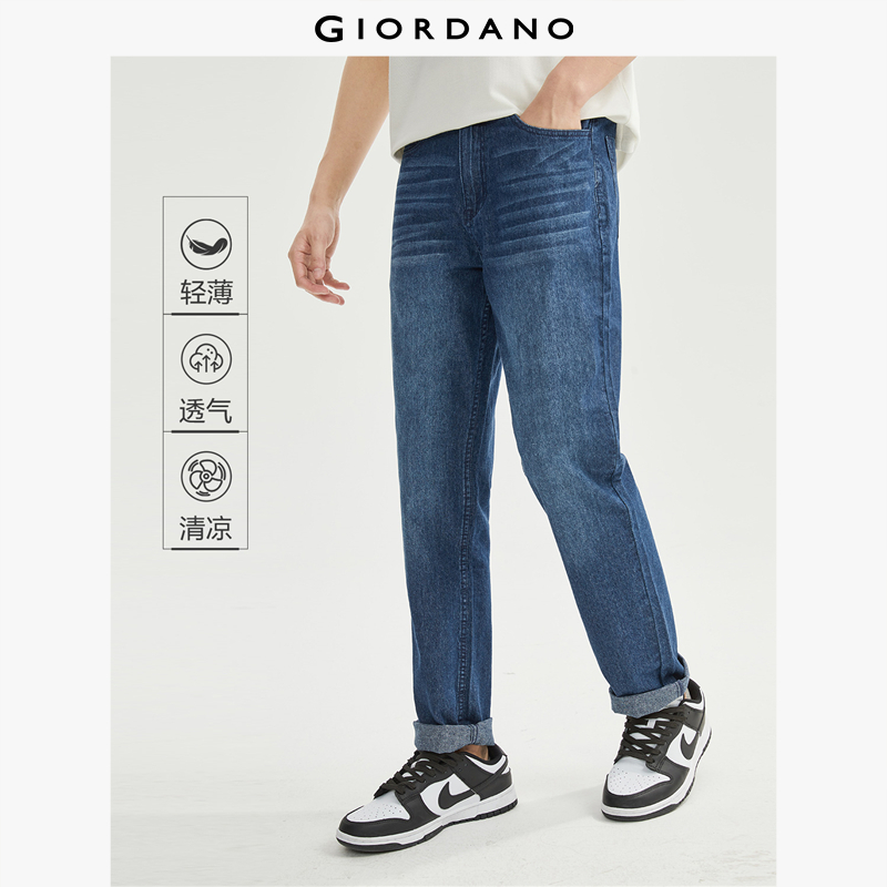 Giordano Men Denim Jeans Fashion Moustache Effect Lightweight Denim Jeans  Classic Five-Pocket Zip Fly Comfy Denim Jeans 13111011
