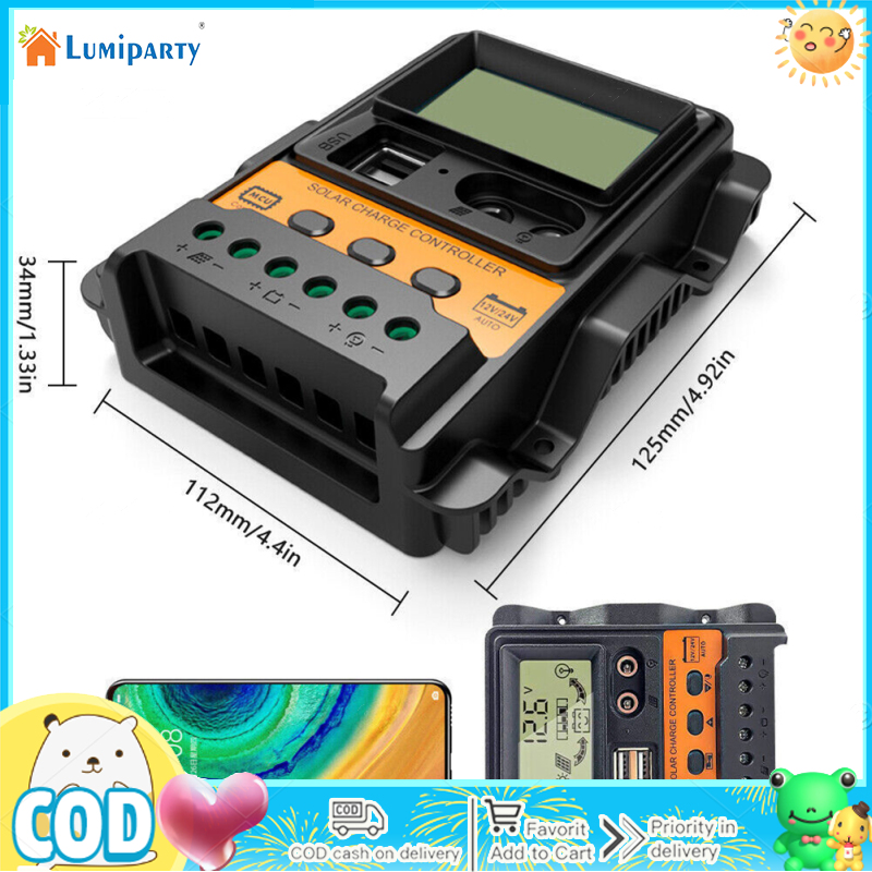 LumiParty 【Ready Stock】30A Solar Charge Controller 12V/ 24V Solar Panel Regulator With LCD Display Dual USB Port PWM Auto Paremeter