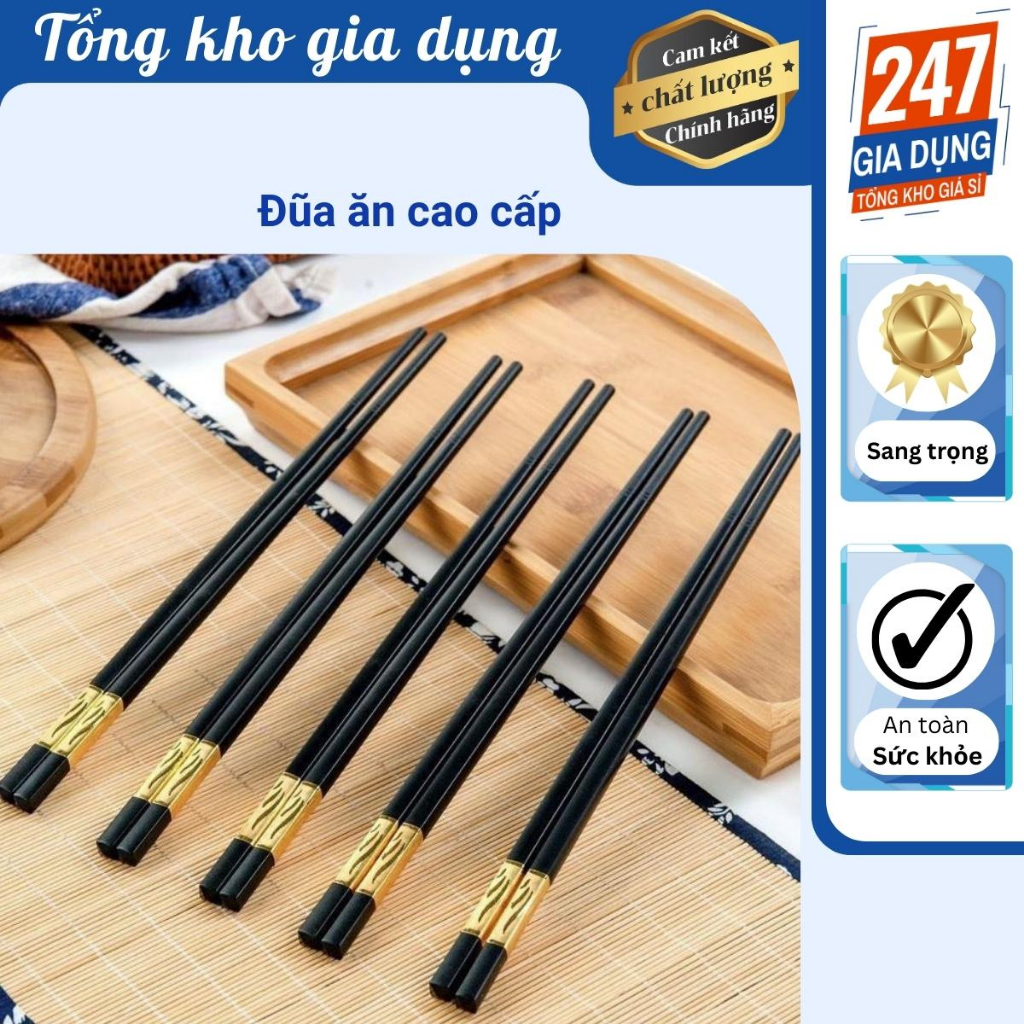 Bộ 10 đôi Đũa mạ vàng, Đũa ăn cao cấp đũa khảm vàng