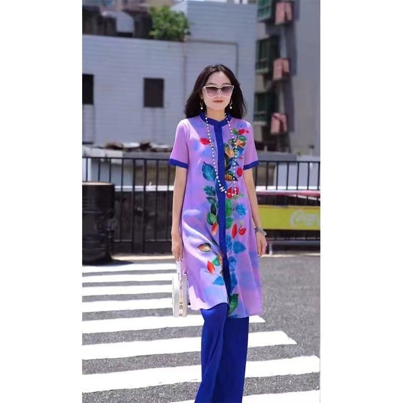 TOP★Sanzhai wrinkle suit slimming temperament, covering the flesh, reducing the age, elegant and fashionable short-sleeved top pants X914
