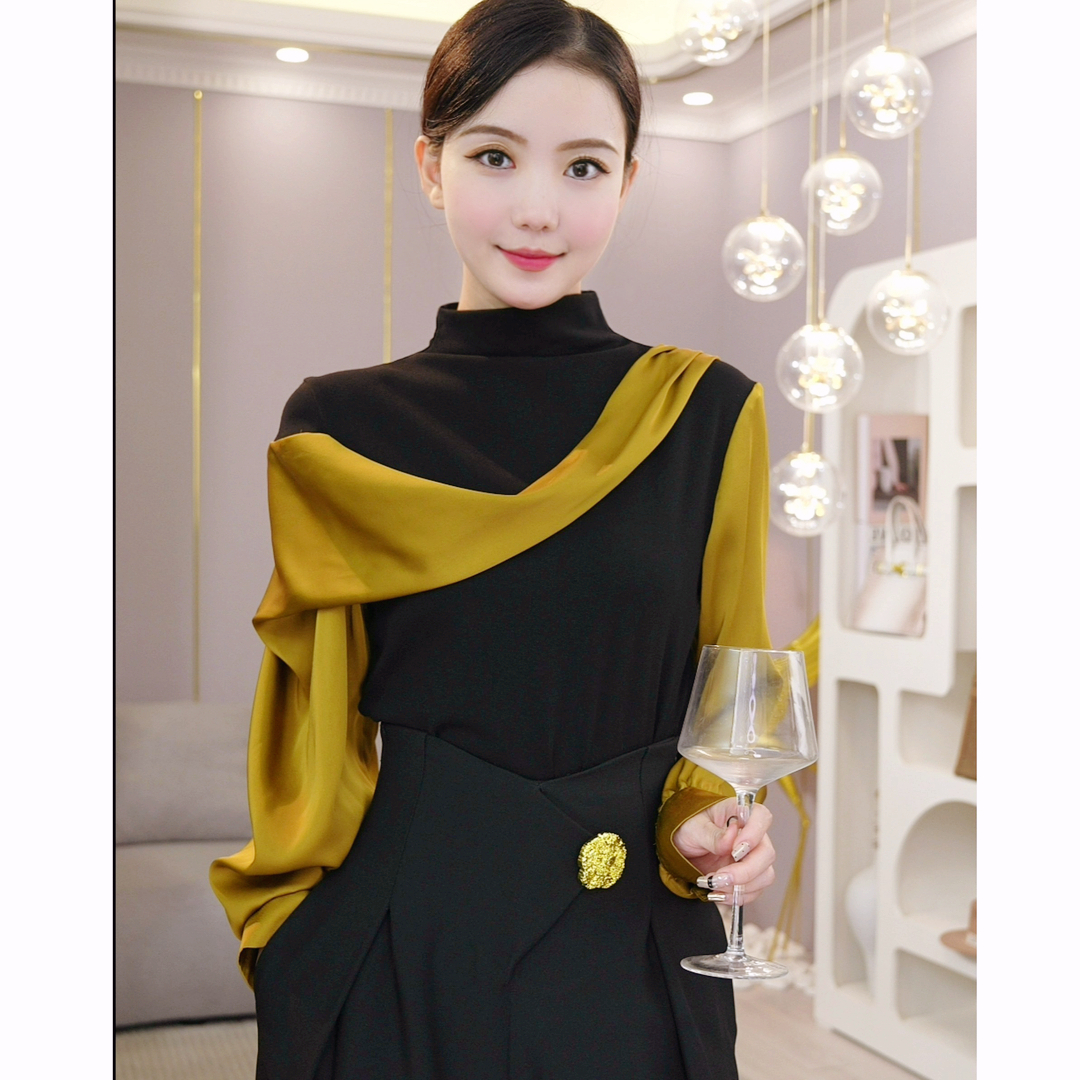 Black Blouse Women Fashion Elegant Turtle Neck Tops Korean Style