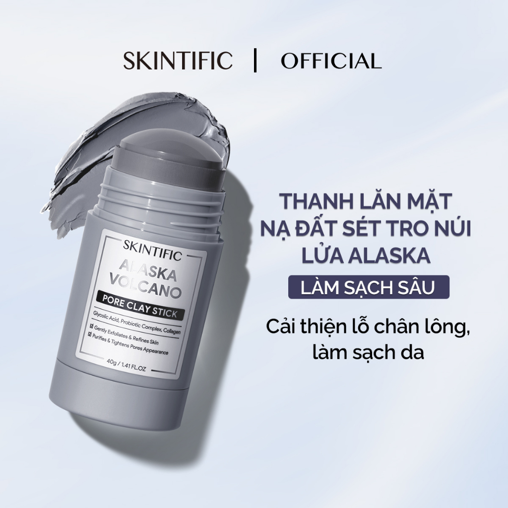 Thanh lăn mặt nạ đất sét tro núi lửa Alaska làm sạch sâu SKINTIFIC 40g