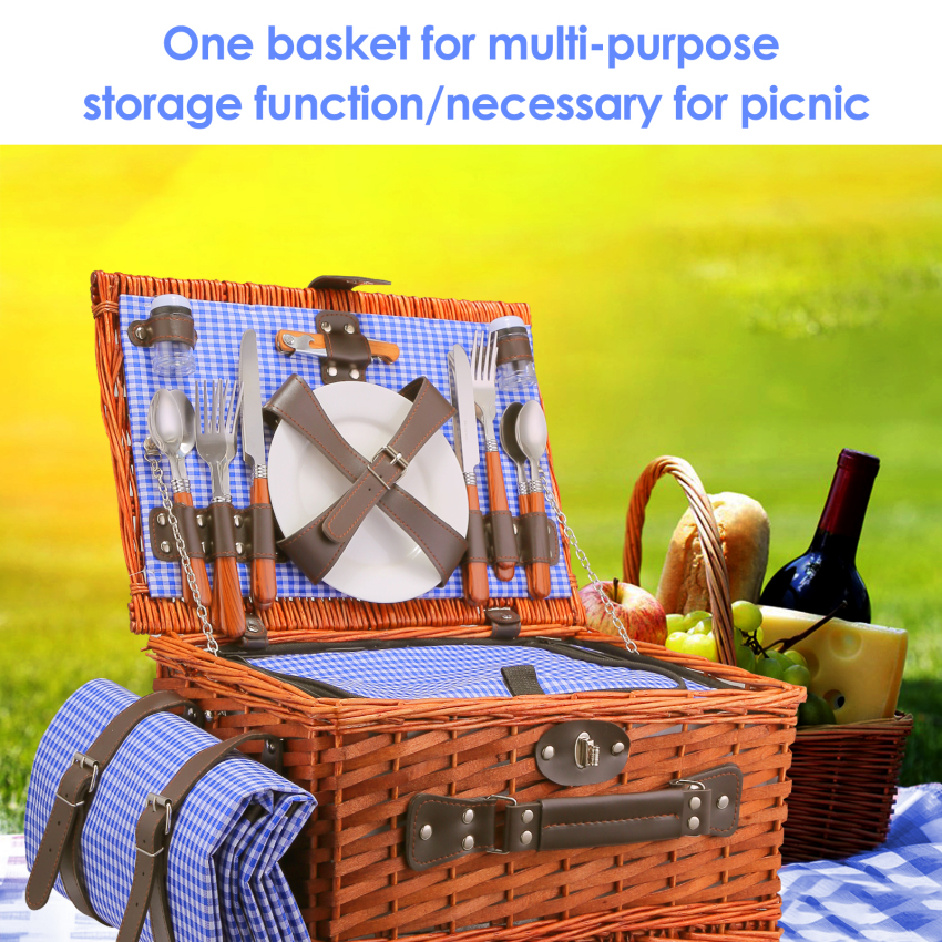 【High Quality+In Stock】Handmade Wicker Picnic Basket Set For 4 Person