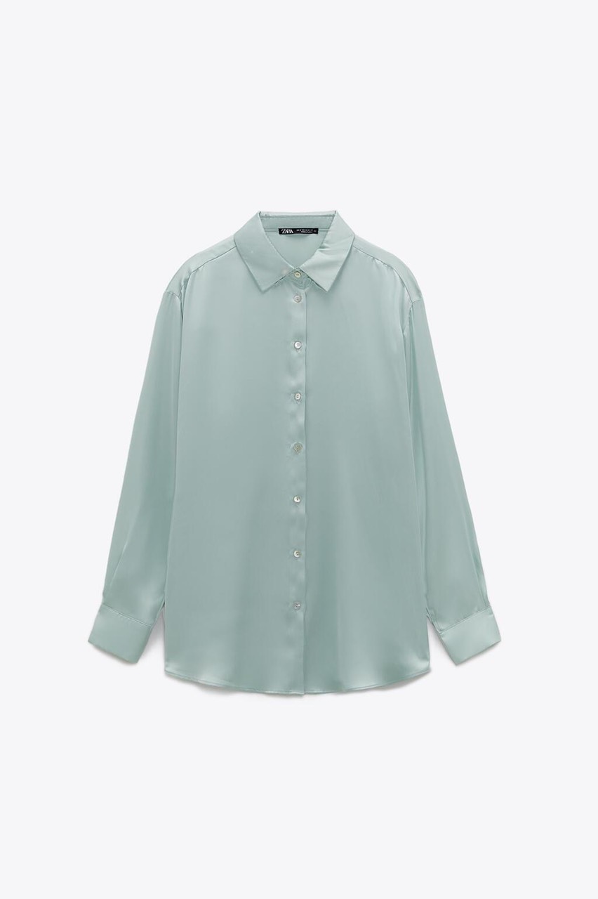 Áo sơ mi nữ dài tay lụa bóng cổ đức vạt tròn ZARA
