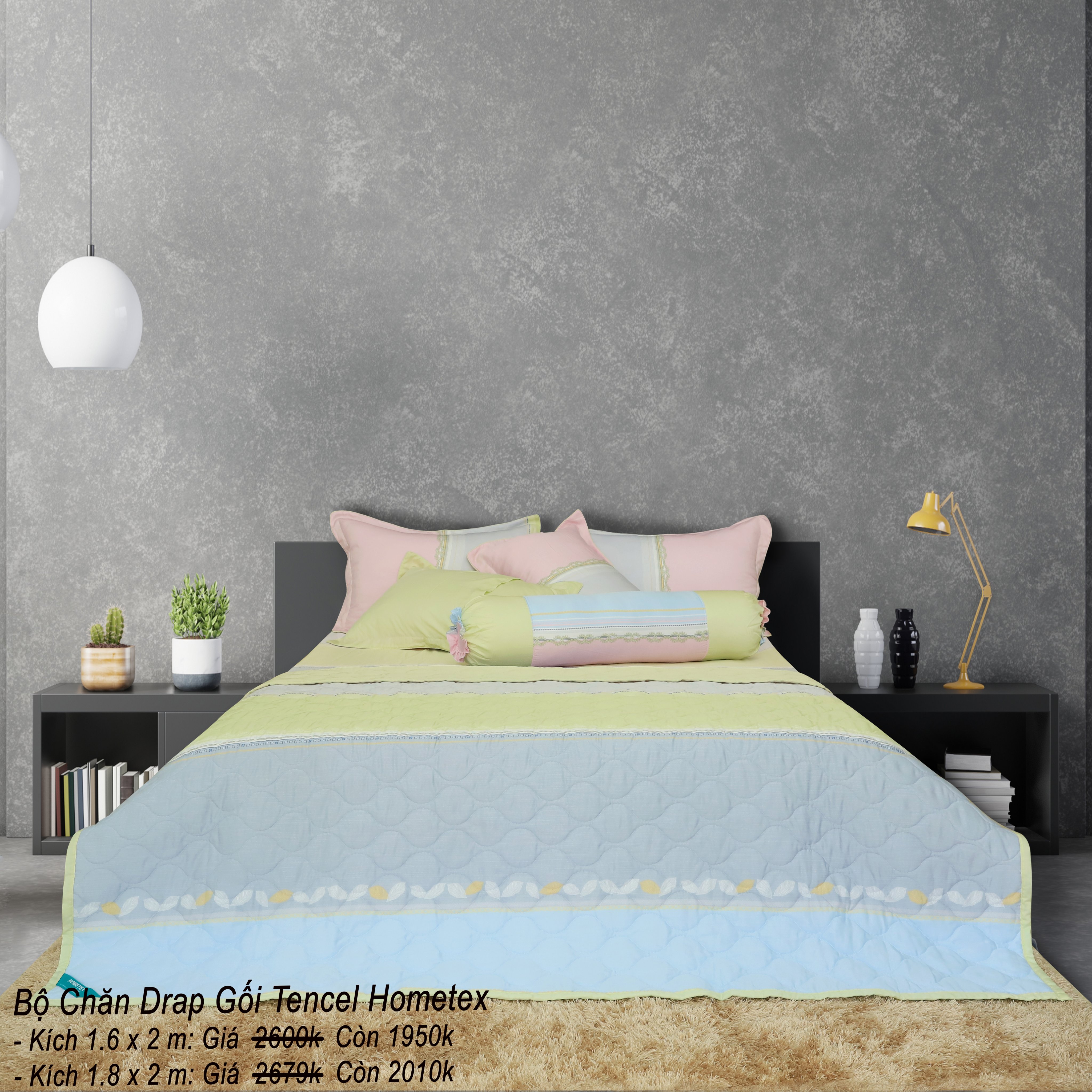 Bộ chăn drap gối tencel Hometex 180x200cm