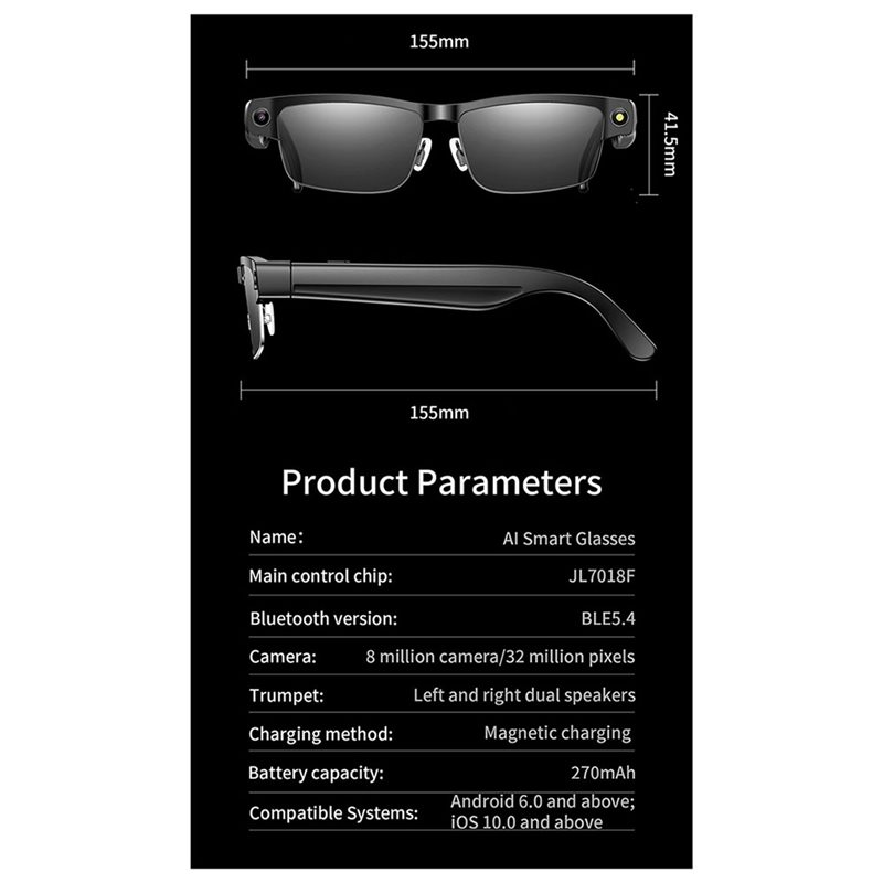 AI 4k Camera Smart Video Sound Recording Glasses Bluetooth Voice Call Music Translation Anti-Blue Light Smart Sunglasses.