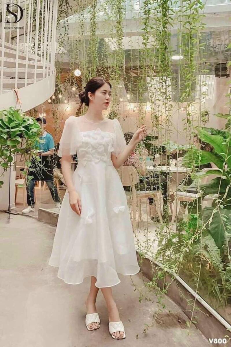 Đầm thiết kế dự tiệc siêu xinh phối nơ chất liệu voan ngoại